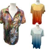 Womens 1X 2X Flowy Floral Orange Blue Ombre Short Sleeve Tee Shirts Blouses