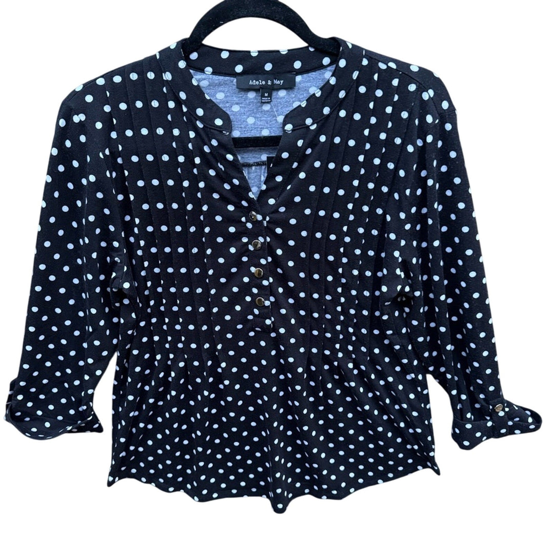 NWT New Adele &amp; May Womens Medium Black Polka Dot Quarter Button Long Sleeve Top