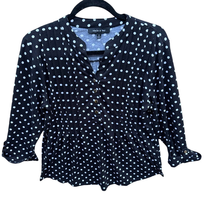 NWT New Adele &amp; May Womens Medium Black Polka Dot Quarter Button Long Sleeve Top