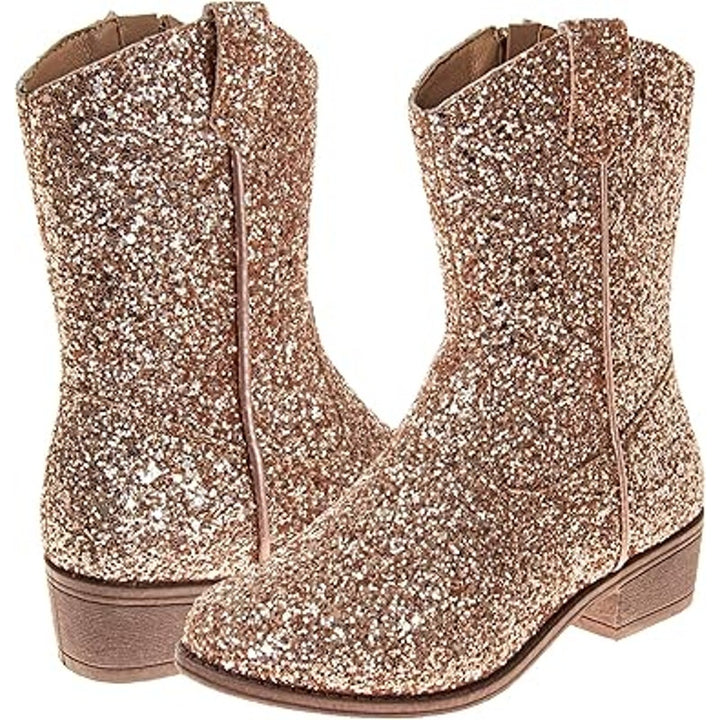 New Josmo Big Girls 4 Rose Gold Glitter Mid Calf 1.5" Heel Zip Cowboy Boot Shoes