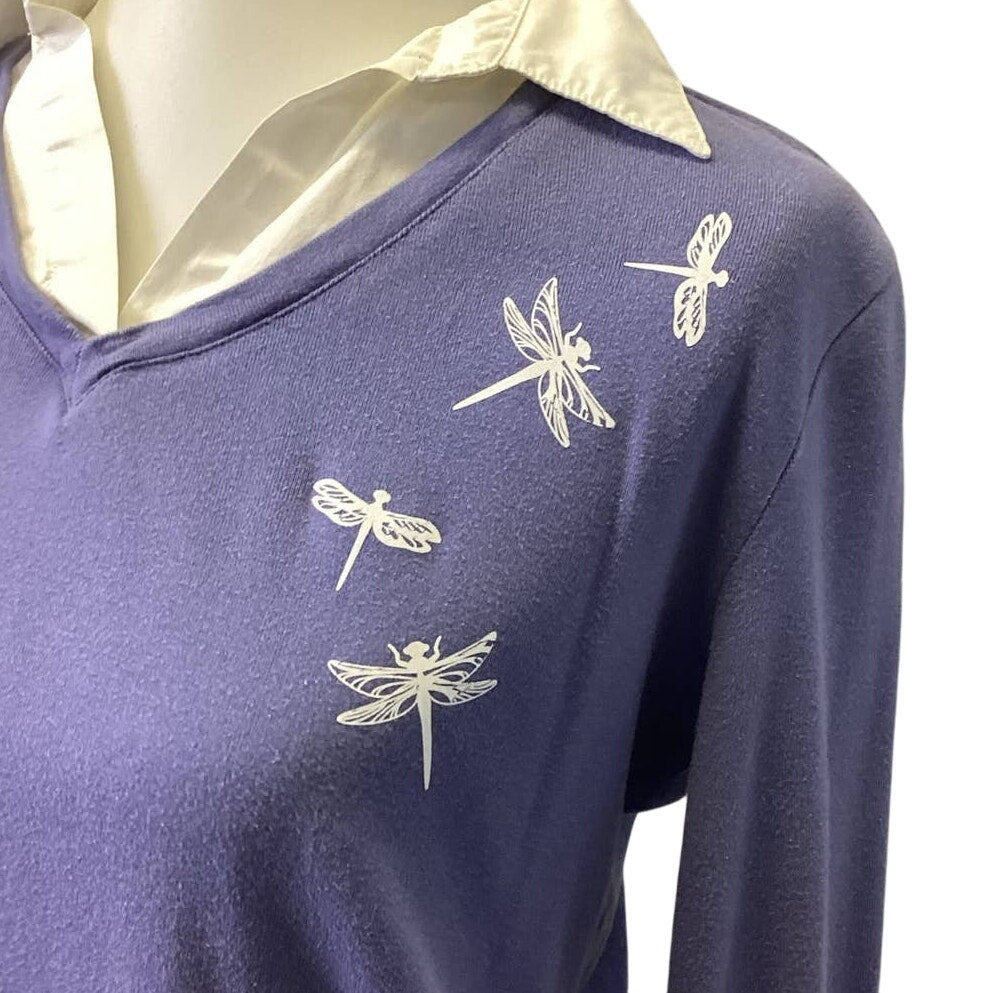 Hand Printed Upcycled Small Dragonfly V Neck Layered Look Long Sleeve Sweater
