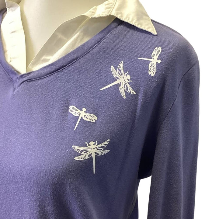 Hand Printed Upcycled Small Dragonfly V Neck Layered Look Long Sleeve Sweater