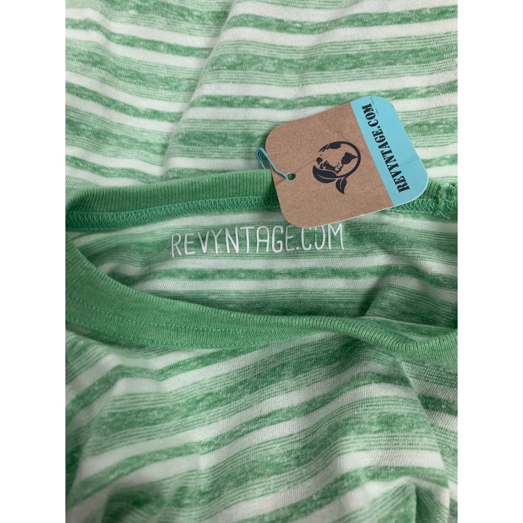New Upcycled Hand Printed Womens Medium Striped Beach Please Crew Neck Tee