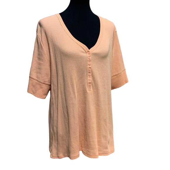 Nicole Miller XXL Short Sleeve VNeck Waffled Texture Cotton Blend Henley Top