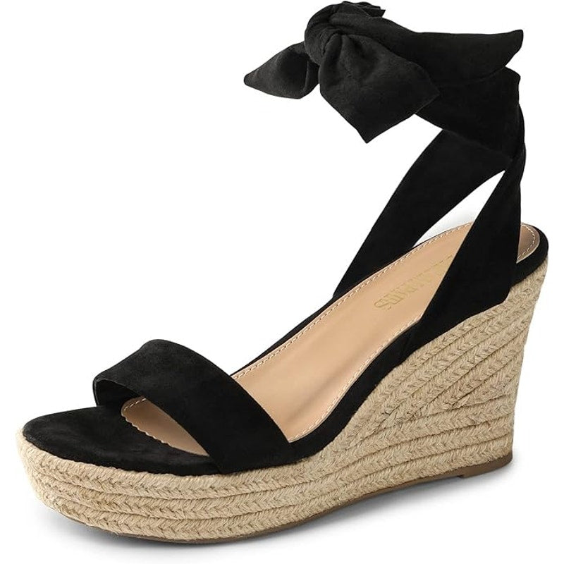 Dream Pairs Womens 8 Black Velvet Ankle Wrap 4" Platform Espadrille Wedge Shoes