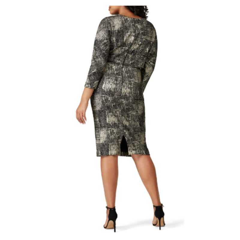 Badgley Mischka Size 22 Black Gold 3/4 Sleeve Boat Neck Sheath Office Dress