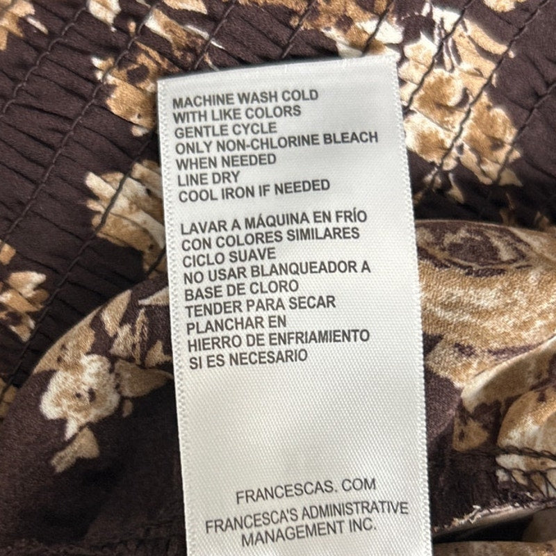 New Francescas Womens XS Brown Tan Floral Hi Low Smocked Boho Cottage Dress