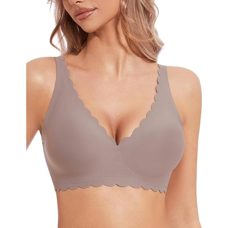 New Moeozllo Womens Large Gray Deep V Wireless Seamless Bralettes Scalloped Bra