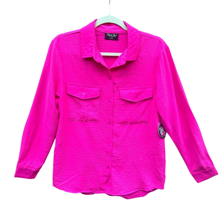 New Jolie &amp; Joy Womens Medium Bright Pink Long Sleeve Collared Button Down Top