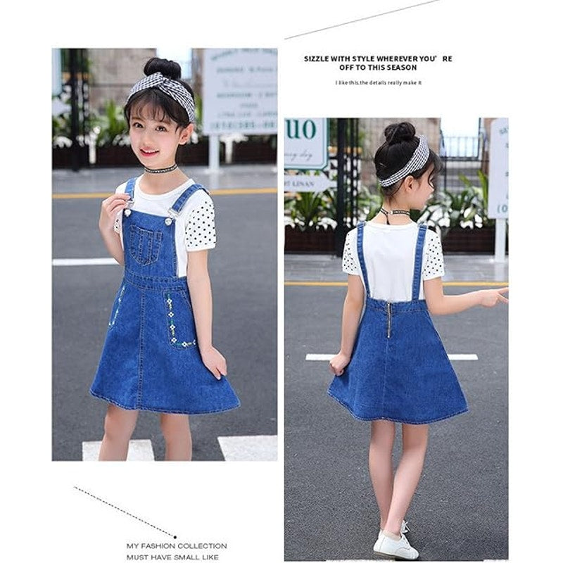 Kidscool Space Girls Medium Embroidered Floral Denim Blue Overall Skirt Dress