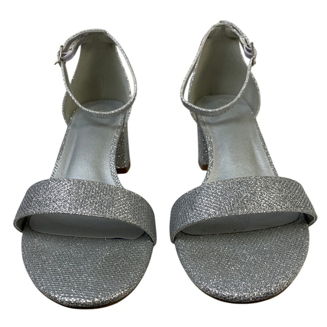 Womens Size 9 Silver Glitter 2.5" Chunky Heel Open Round Toe Ankle Strap Shoes