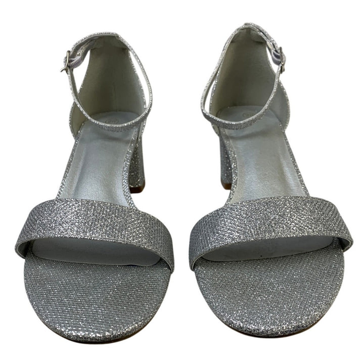 Womens Size 9 Silver Glitter 2.5" Chunky Heel Open Round Toe Ankle Strap Shoes