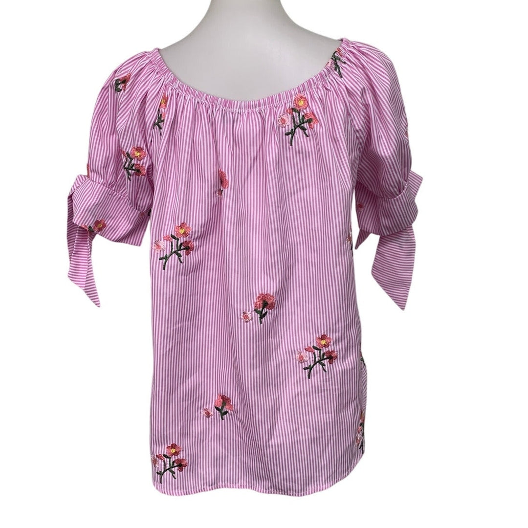 Rods Womens Small 100% Polyester Made In USA Floral Striped Short Tie Sleeve Top