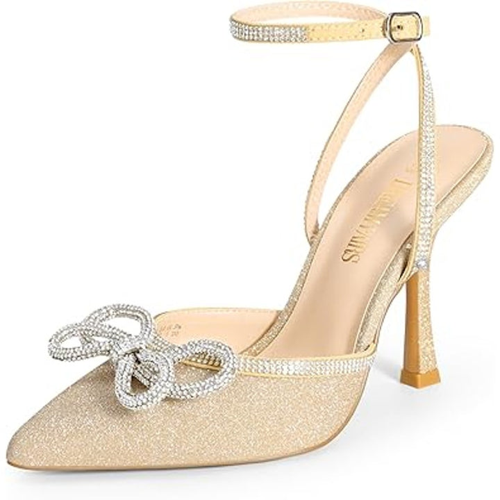 New Dream Pairs Womens 11 Gold Glitter Pointy Toe 4.5" Heel Ankle Strap Shoes