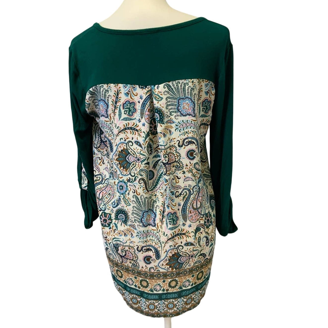 Market &amp; Spruce Medium Ruched Tab Sleeve Boho Print Hi Low Long Blouse Top