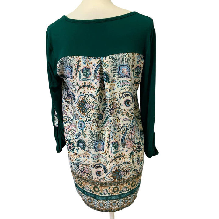 Market &amp; Spruce Medium Ruched Tab Sleeve Boho Print Hi Low Long Blouse Top