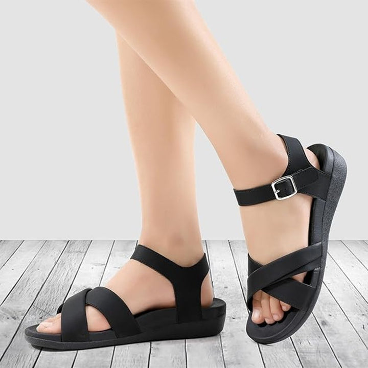Utenag Womens Size 9.5 Black Open Toe Buckle Strap Comfort Flat Walking Sandals