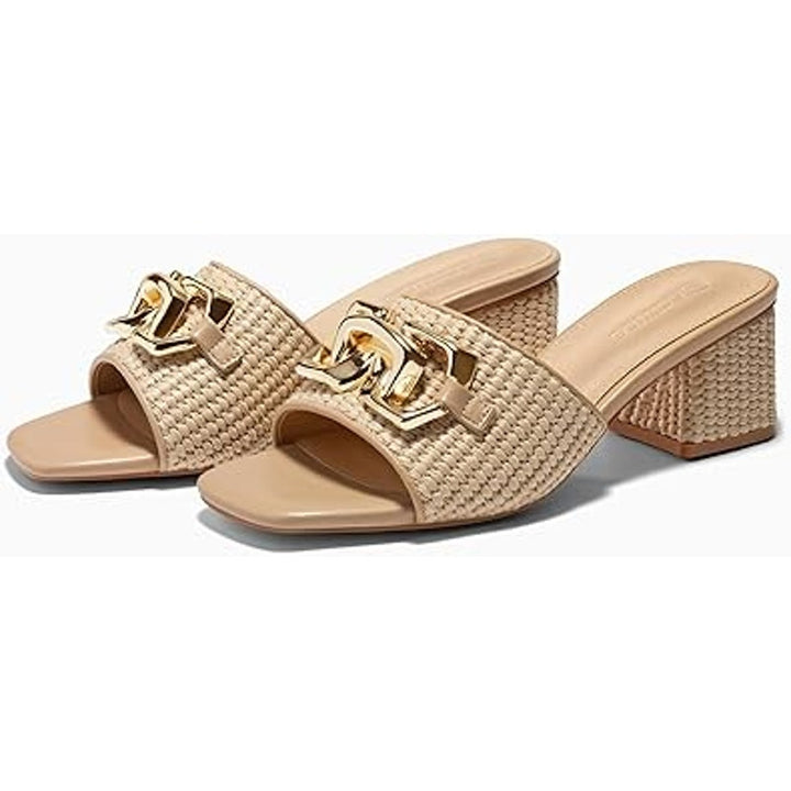 Coutgo Womens Size 10 Tan Raffia Slide On 2.5" Chunky Heel Open Toe Sandal Shoes
