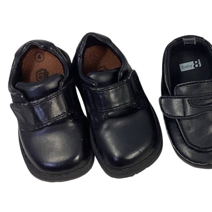 2 Pairs of Baby Boy Size 4 Black Formal Shiny Faux Leather Shoes Baby 8 &amp; Toes