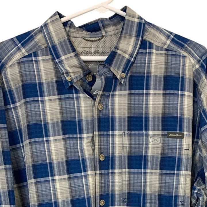 New Eddie Bauer Mens XL True Blue Plaid Classic Long Sleeve Pack It Tech Shirt