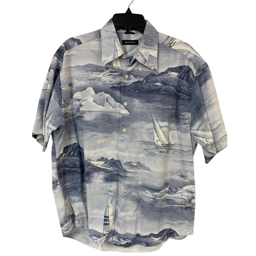 Nautica Mens Large 100% Cotton Boat Water Clouds Short Sleeve Button Up Shirt