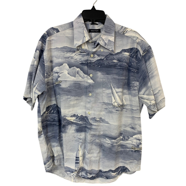 Nautica Mens Large 100% Cotton Boat Water Clouds Short Sleeve Button Up Shirt