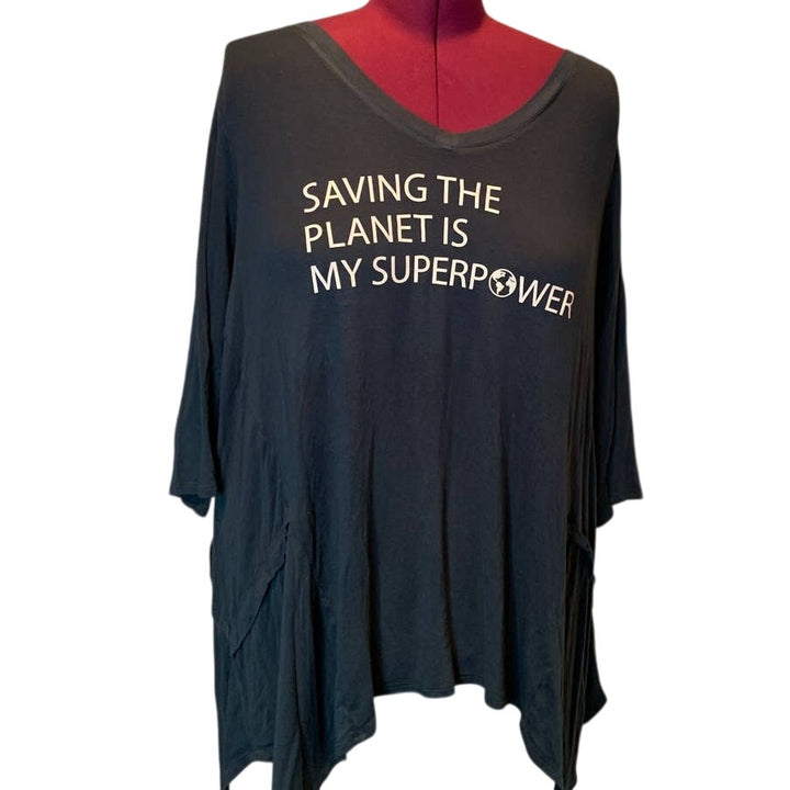 Hand Printed Womens Upcycled 2X Saving the Planet Superpower V-Neck Long Top