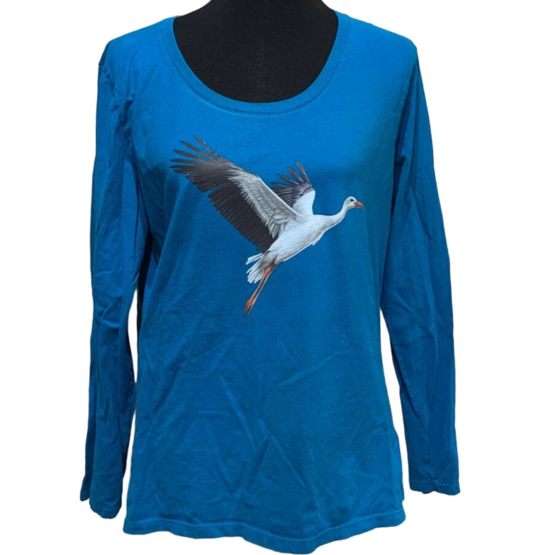 Upcycled Hand Printed Womens Large Ukraine Flag Stork Bird Peace Fundraiser Tee