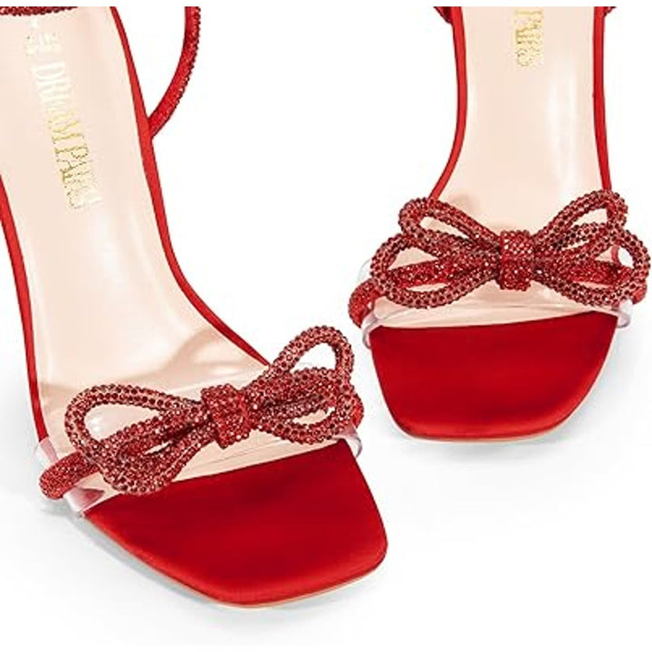 Dream Pairs Womens Size 9 Red Shiny Bow 4.5" Heel Ankle Strap Stilletto Shoes