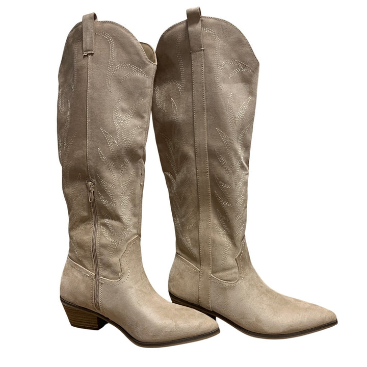 New Women Size 8.5 Tan Faux Suede Embroidered 2" Block Heel Cowboy Cowgirl Boots