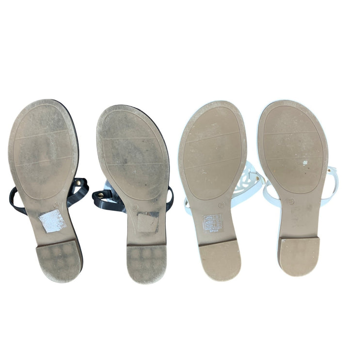 2 Pairs Katliu Womens Size 8.5 Black White Faux Leather Thong Sandals Shoes