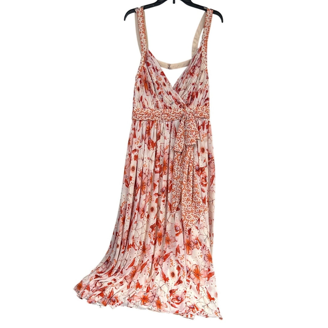Badgley Mischka Size 14 Pink Floral Cris Cross Back Deep V Flowy Maxi Dress Gown