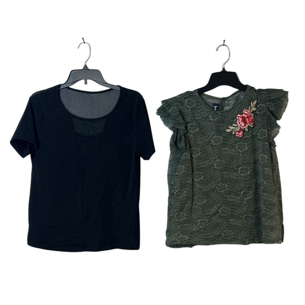 Lot of 2 Womens Large XL Short Sleeve Lace Floral Mesh Short Sleeve Tops