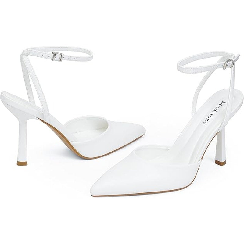 Modatope Womens Size 7 White Faux Leather Closed Toe Ankle Strap 4" Heel Shoes