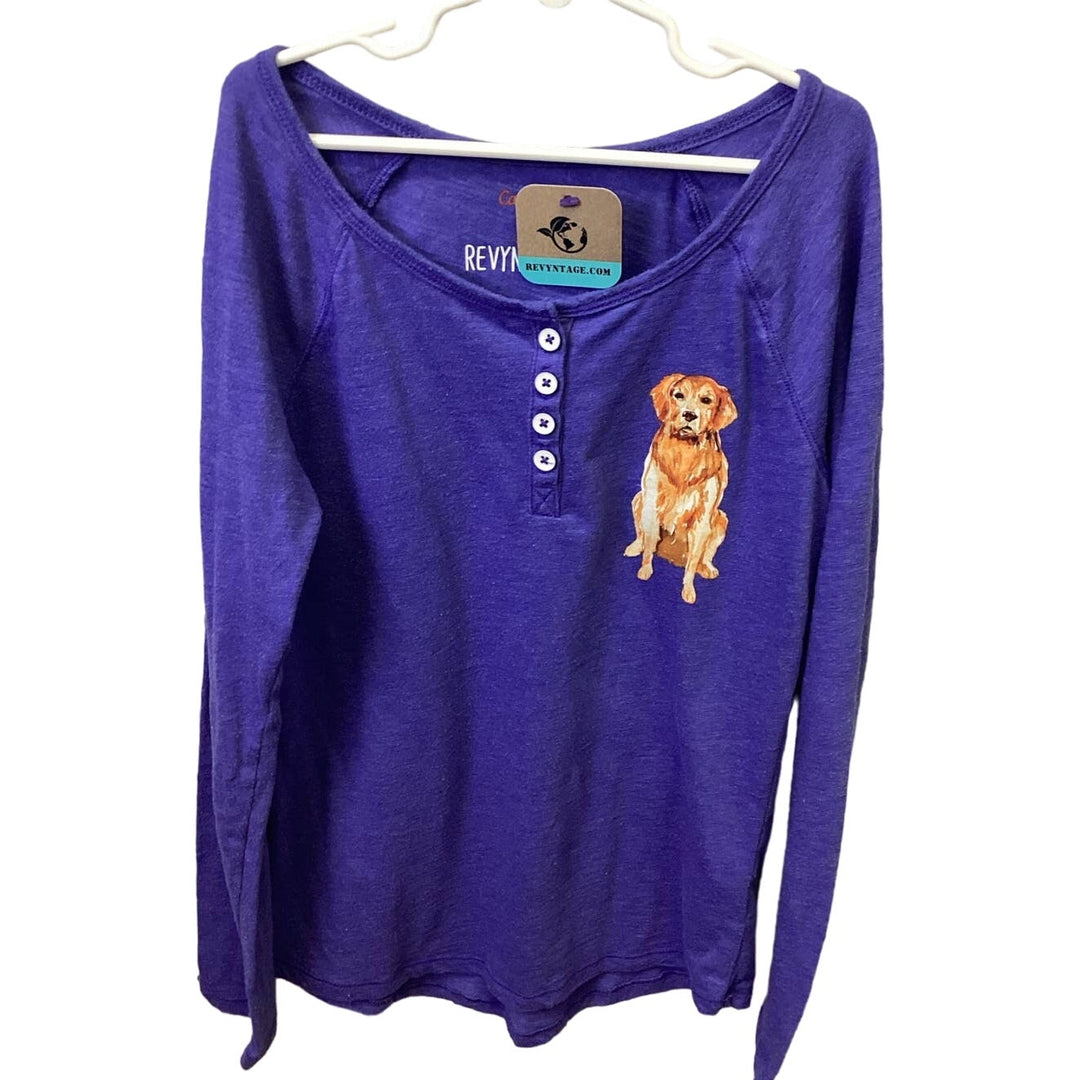 Hand Printed Upcycled Youth Large Golden Retriever Puppy Dog Long Sleeve Shirt