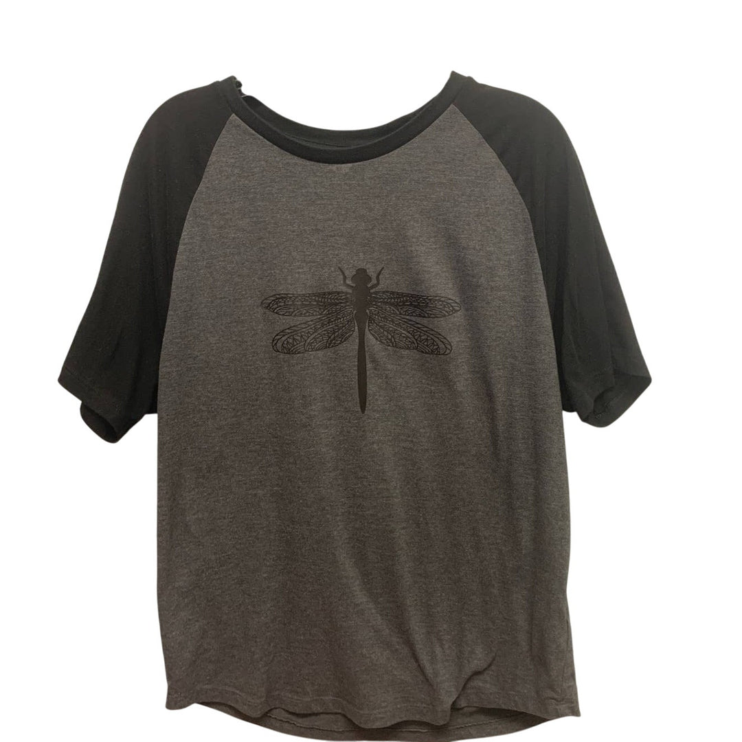Hand Printed Upcycled Womens Medium Dragonfly Crew Neck Short Sleeve Tee Shirt