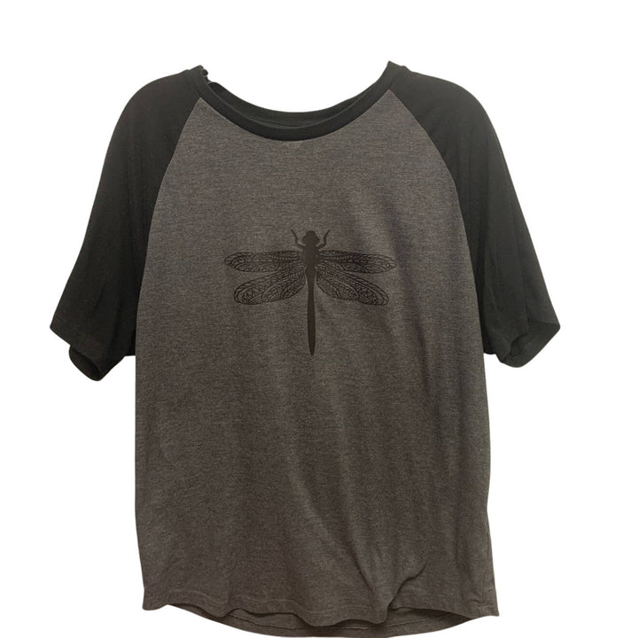 Hand Printed Upcycled Womens Medium Dragonfly Crew Neck Short Sleeve Tee Shirt