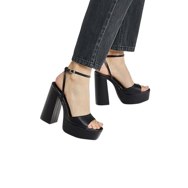 Modatope Womens 7.5 Black 5" Platform Heel Open Square Toe Ankle Strap Shoes