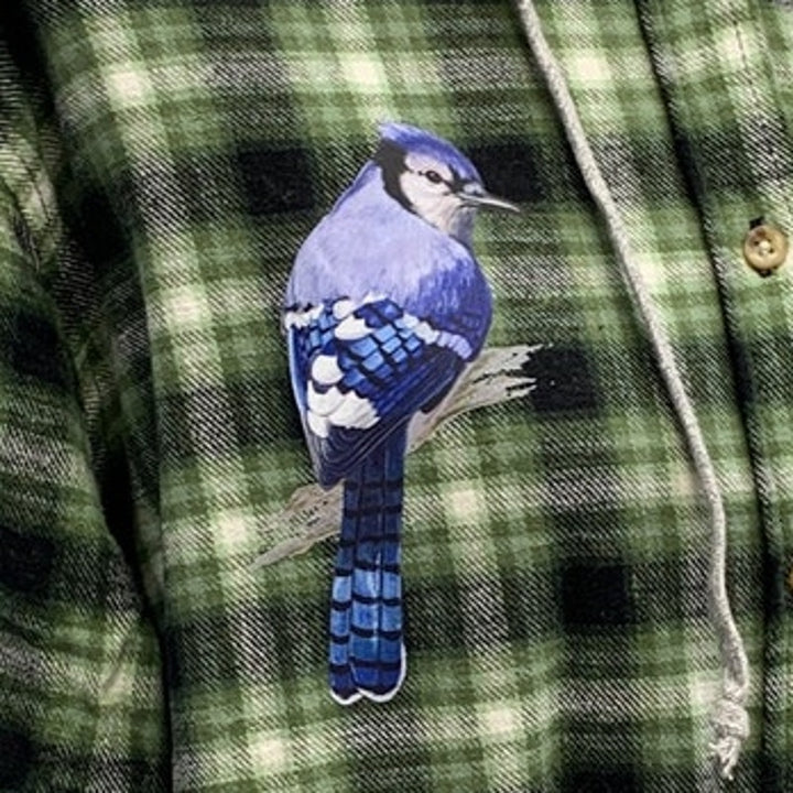 New Hand Printed Womens XXL Blue Jay Bird Plaid Flannel Long Sleeve Hoodie
