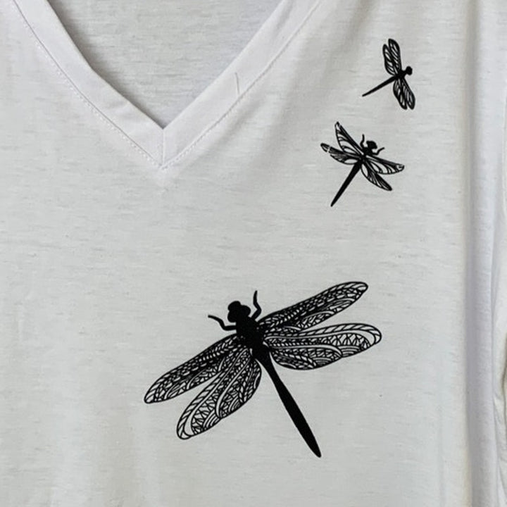 New Hand Printed Womens Small White Black Dragonfly Short Sleeve VNeck Tee Shirt