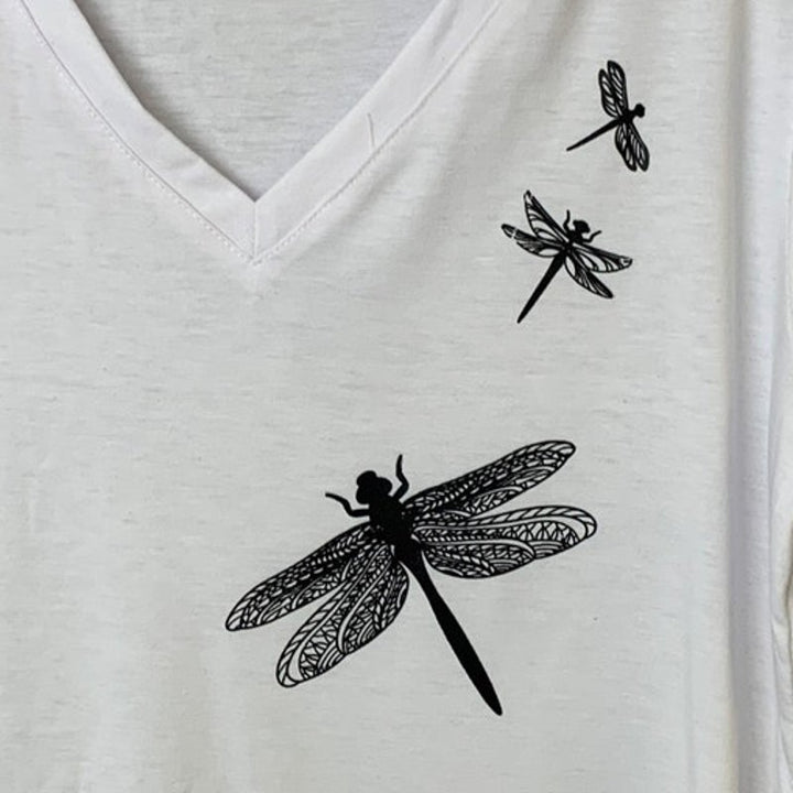 New Hand Printed Womens Small White Black Dragonfly Short Sleeve VNeck Tee Shirt