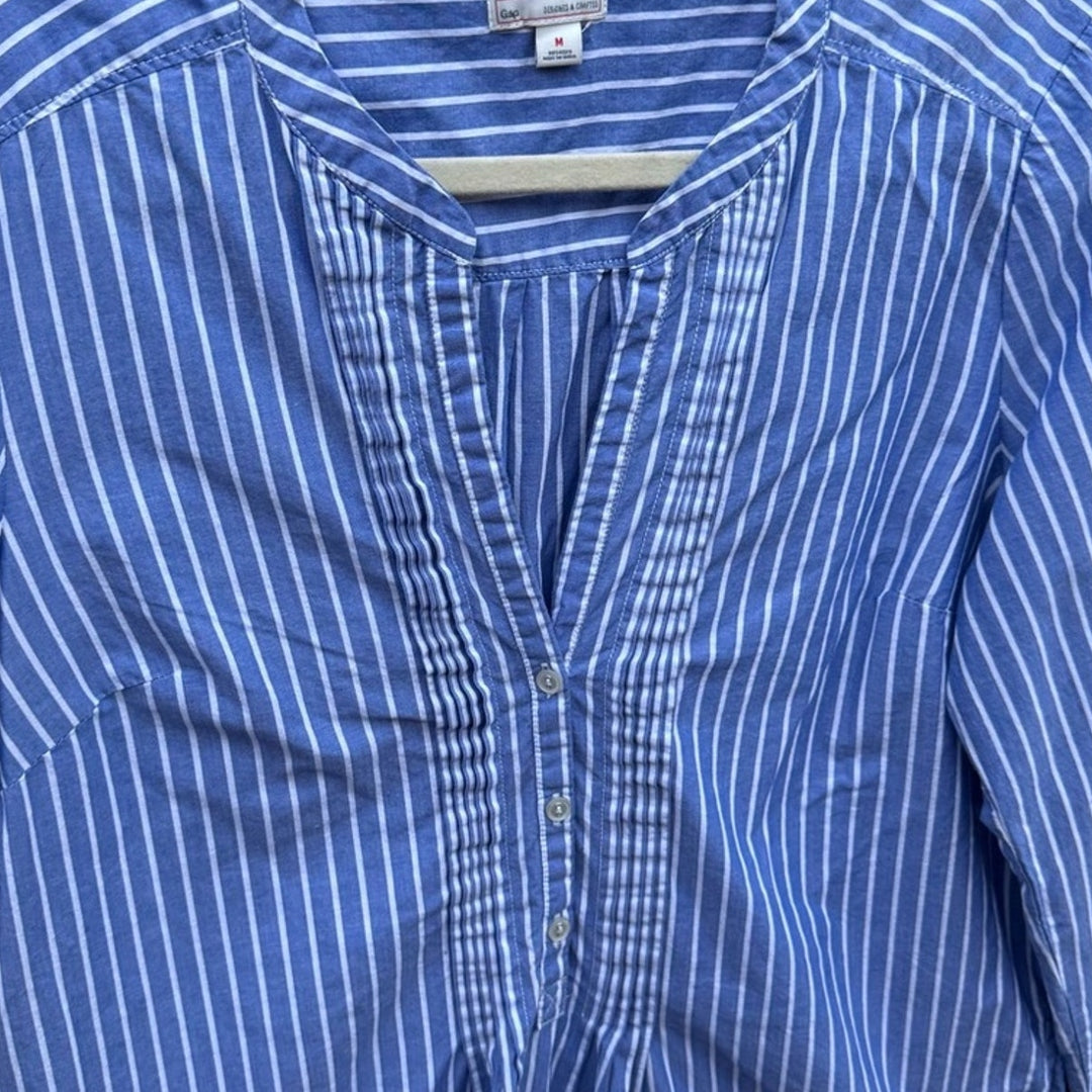 Gap Womens Medium 100% Cotton Striped Half Button V Neck Long Sleeve Shirt Dress