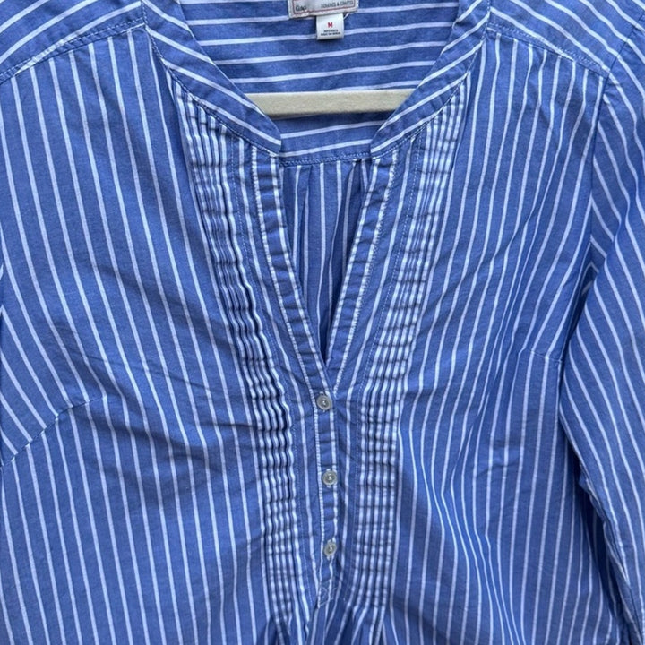 Gap Womens Medium 100% Cotton Striped Half Button V Neck Long Sleeve Shirt Dress