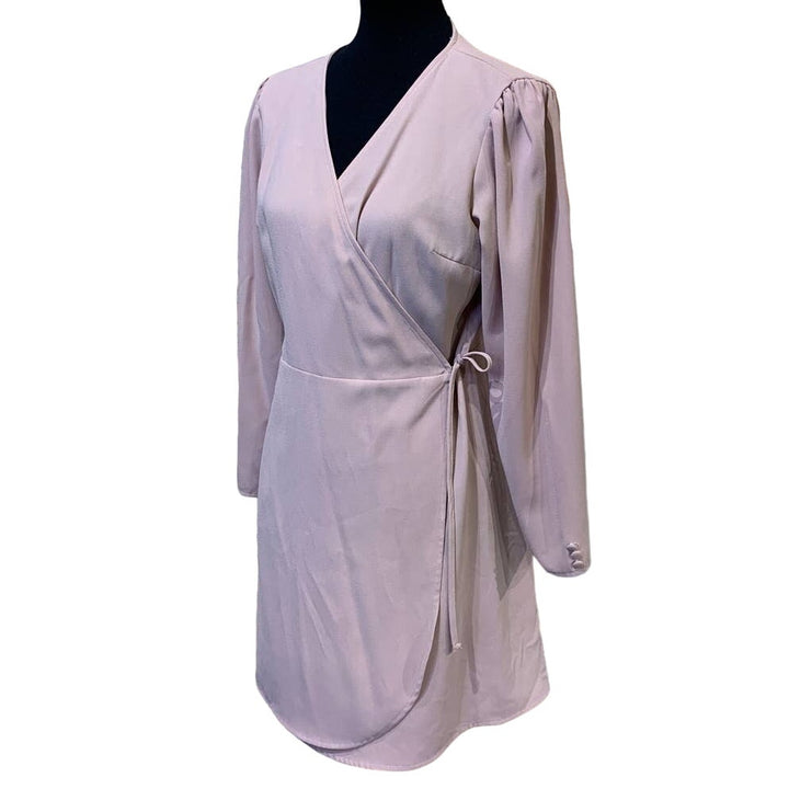 Top Shop Size 10 100% Polyester Pale Rose Pink Long Sleeve Flred Wrap Dress