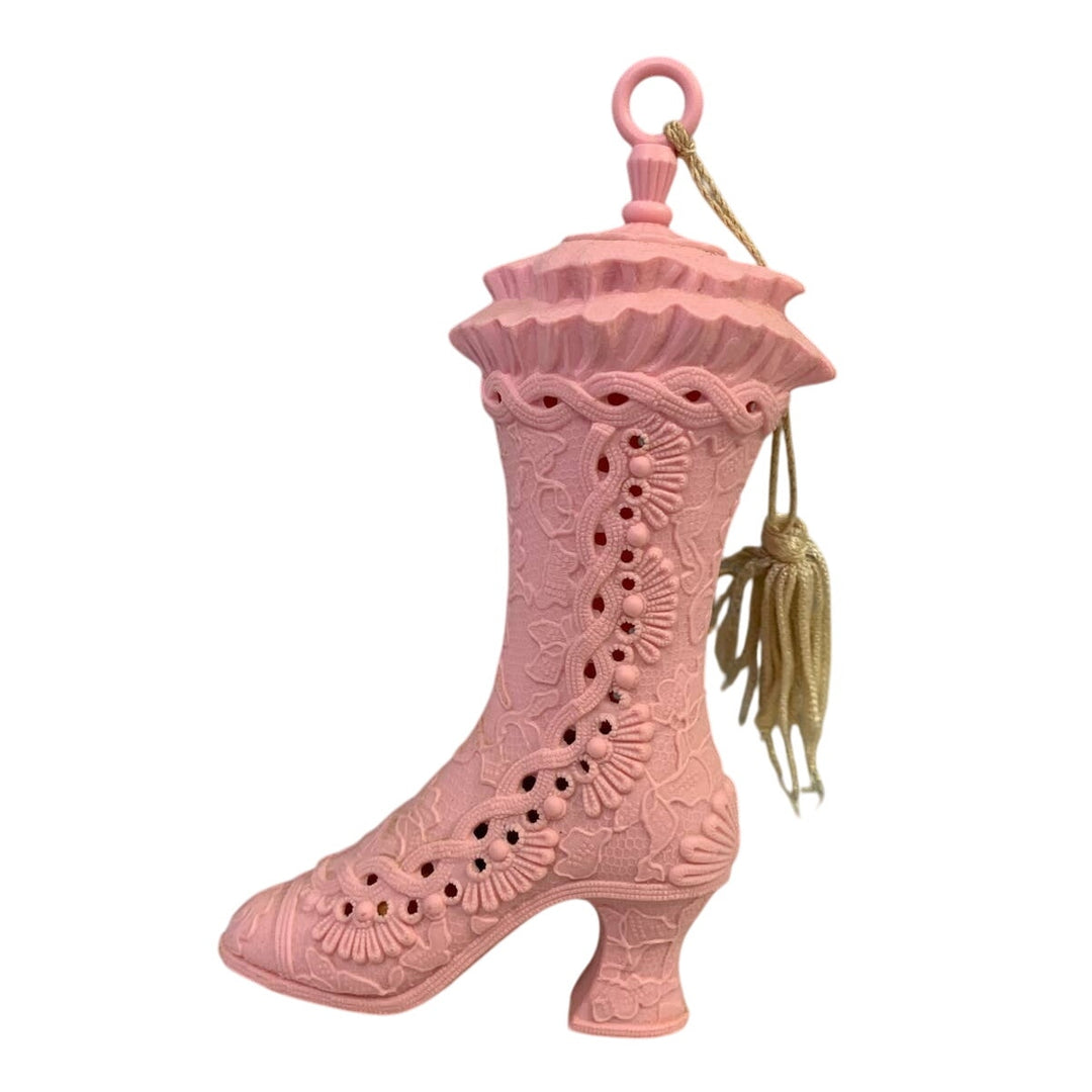 Vintage Collectible Pink Plastic Victorian High Heel Boot Closet Sachet w Tassel
