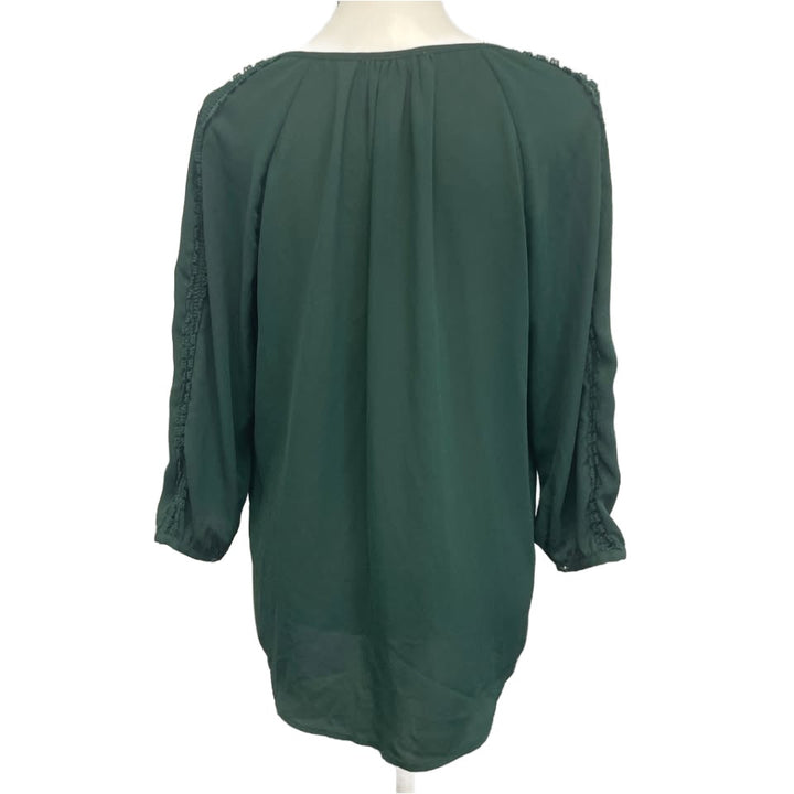 41 Hawthorne Womens Large Green Sheer Long Sleeve Lace Shoulder Striped Top