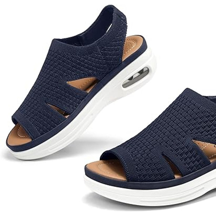 Mysoft Womens Size 6.5 Navy Blue Woven Fabric Air Cushion Walking Sandals Shoes
