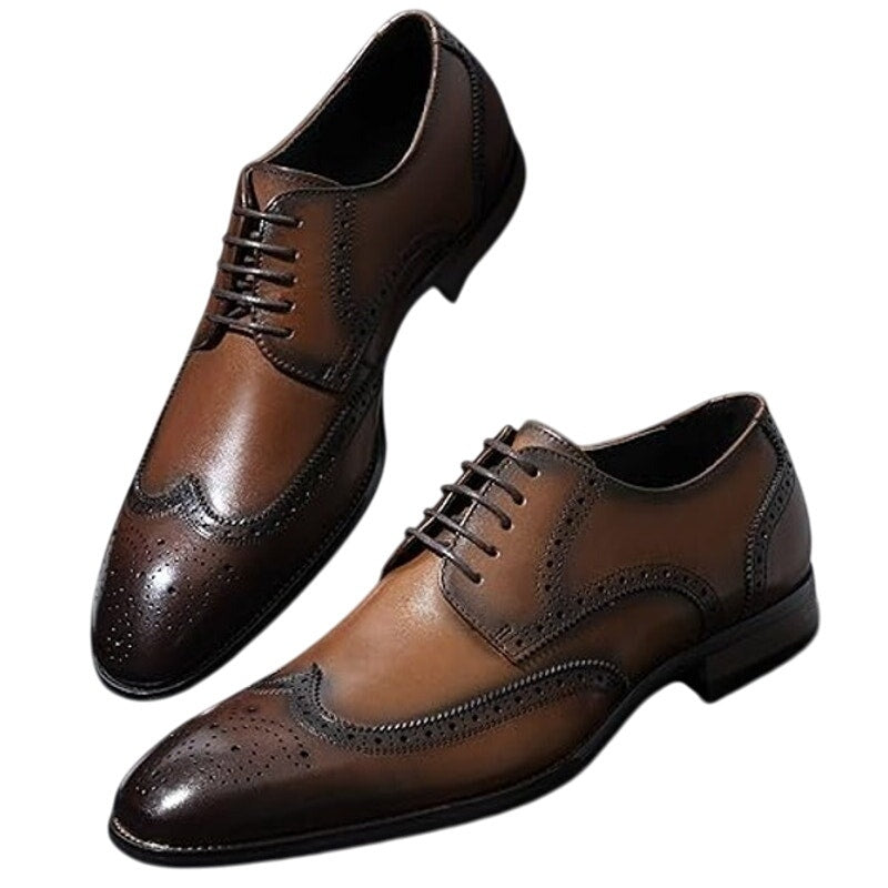Jousen Mens 9.5 Brown Black Leather Wingtip Lace Up Oxford Formal Loafer Shoes