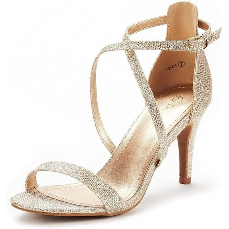 Dream Pairs Womens Size 6.5 Gold Glitter Open Toe 3" Heel Ankle Strap Shoes