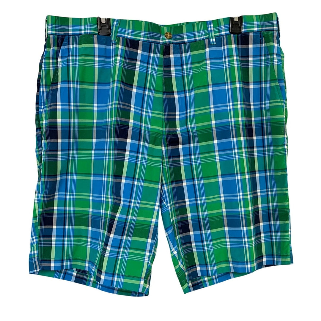 PGA Tour Mens 38 Blue Green Plaid 100% Polyester Casual Golf Sport Shorts